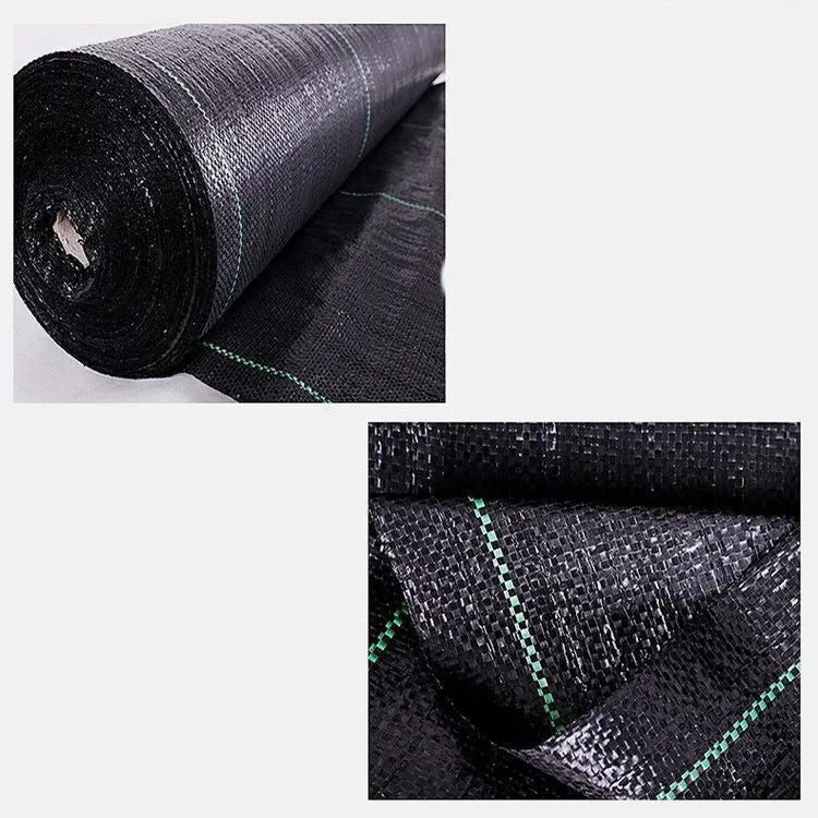 Black plastic weed control cloth laid flat showing composite woven texture and rectangular shape