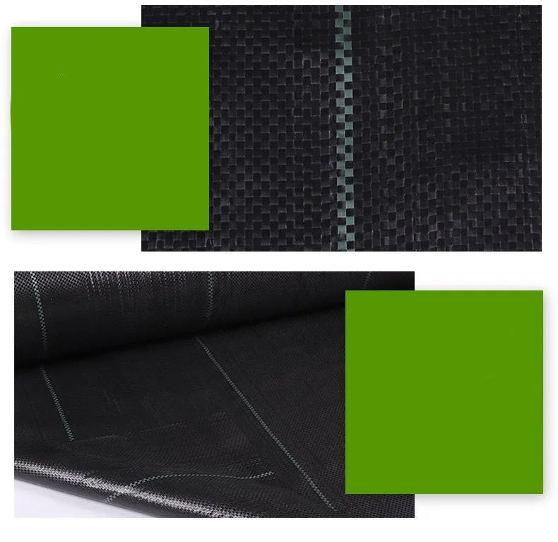 Black plastic weed control cloth laid flat showing composite woven texture and rectangular shape