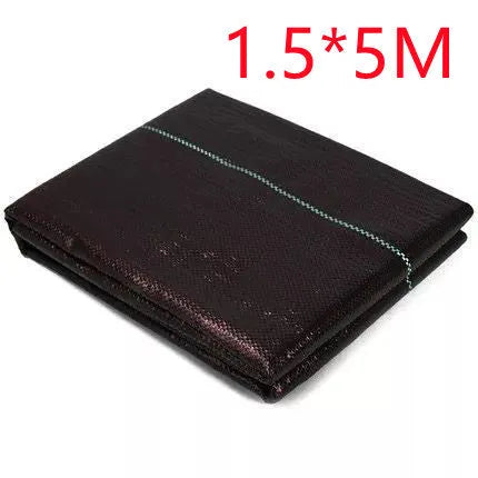 Black plastic weed control cloth laid flat showing composite woven texture and rectangular shape