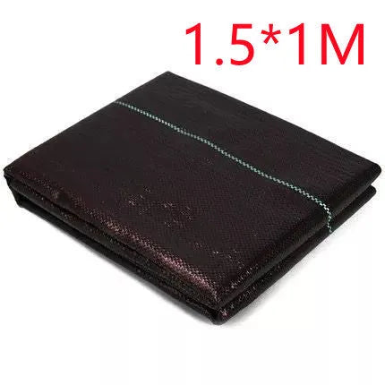 Black plastic weed control cloth laid flat showing composite woven texture and rectangular shape