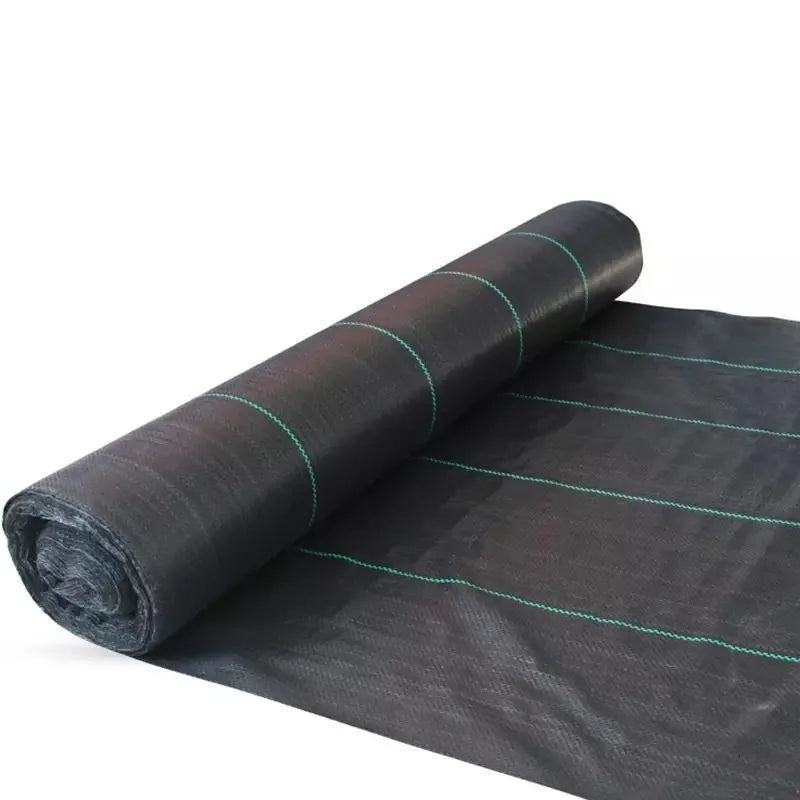 Black plastic weed control cloth laid flat showing composite woven texture and rectangular shape