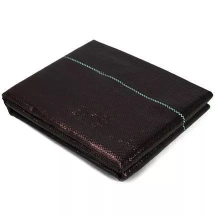 Black plastic weed control cloth laid flat showing composite woven texture and rectangular shape