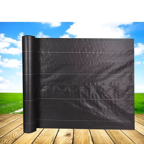 Black plastic weed control cloth laid flat showing composite woven texture and rectangular shape