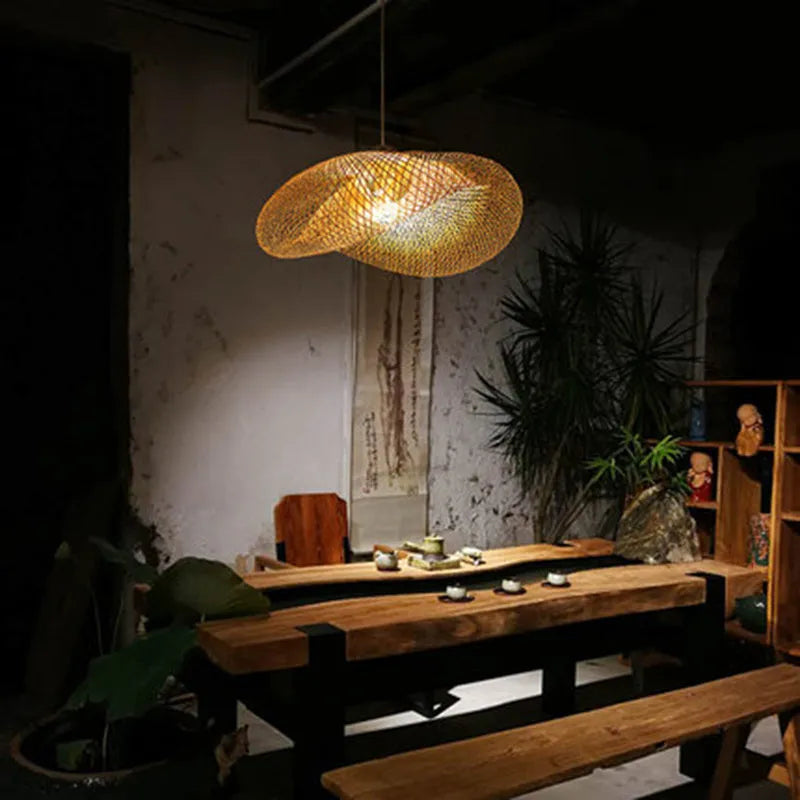 40cm diameter bamboo chandelier with natural rattan shell for Chinese Zen tea room lighting