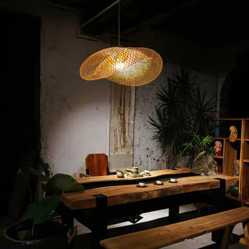 40cm diameter bamboo chandelier with natural rattan shell for Chinese Zen tea room lighting