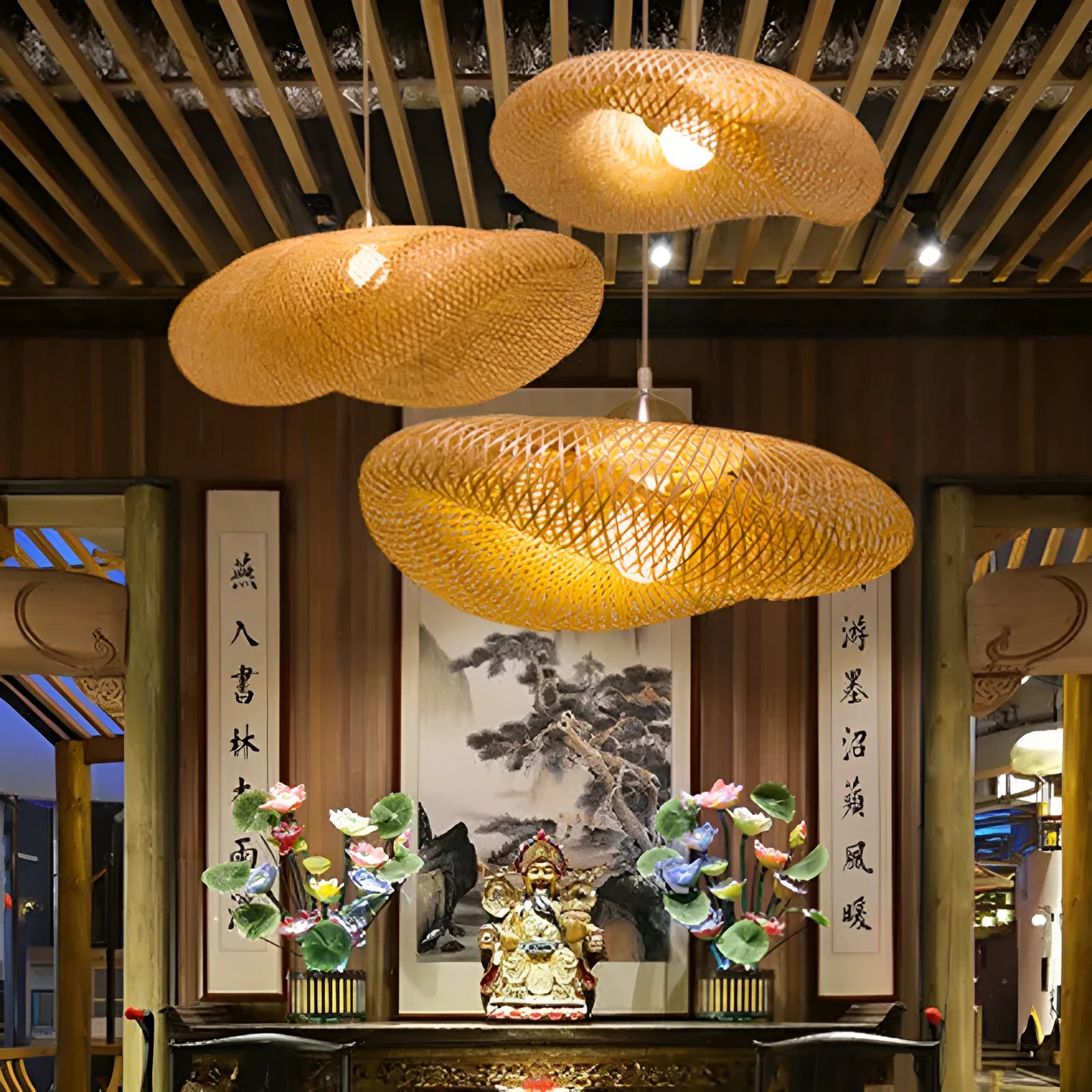 40cm diameter bamboo chandelier with natural rattan shell for Chinese Zen tea room lighting