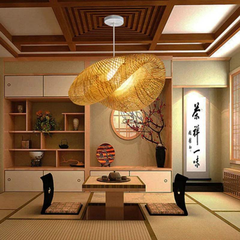 40cm diameter bamboo chandelier with natural rattan shell for Chinese Zen tea room lighting