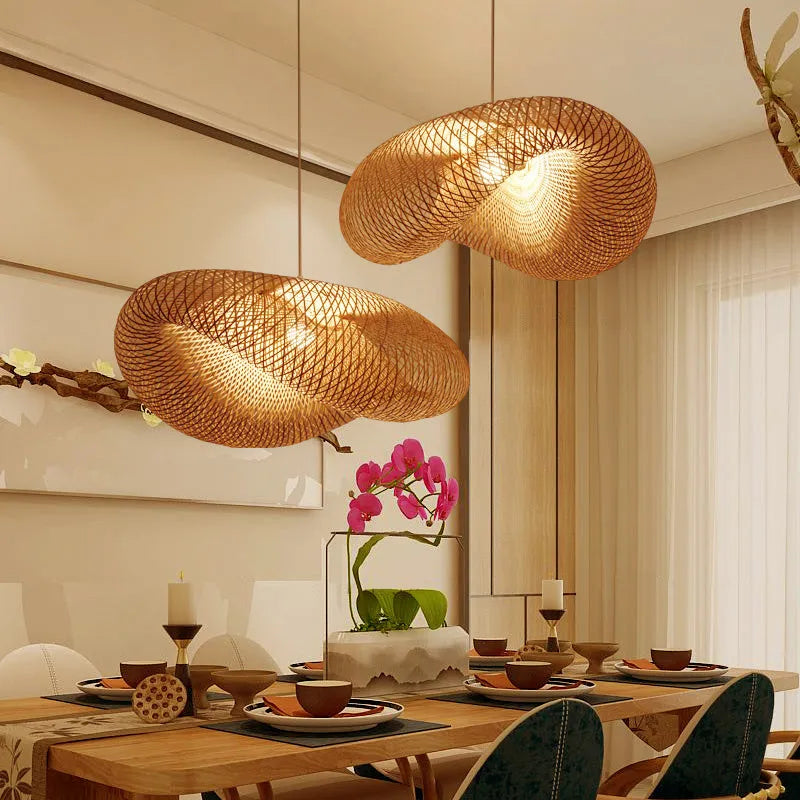 40cm diameter bamboo chandelier with natural rattan shell for Chinese Zen tea room lighting