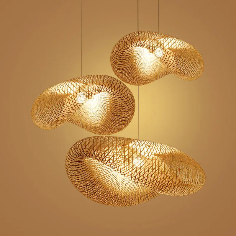 40cm diameter bamboo chandelier with natural rattan shell for Chinese Zen tea room lighting
