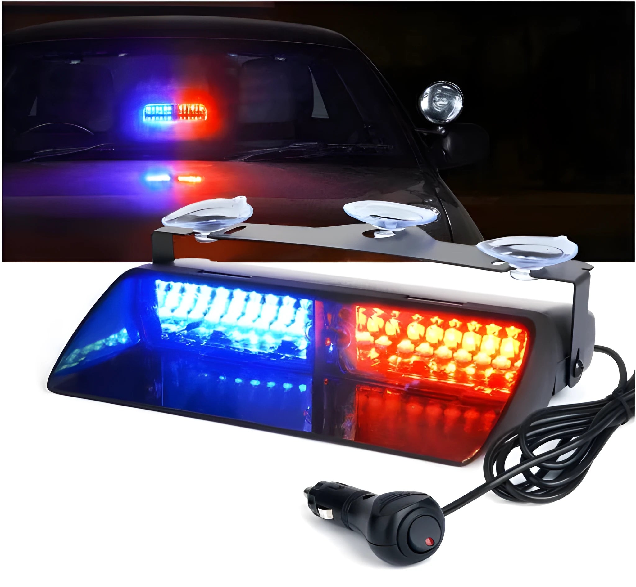 16 LED multi-colour strobe warning light with suction cup mount on car windscreen