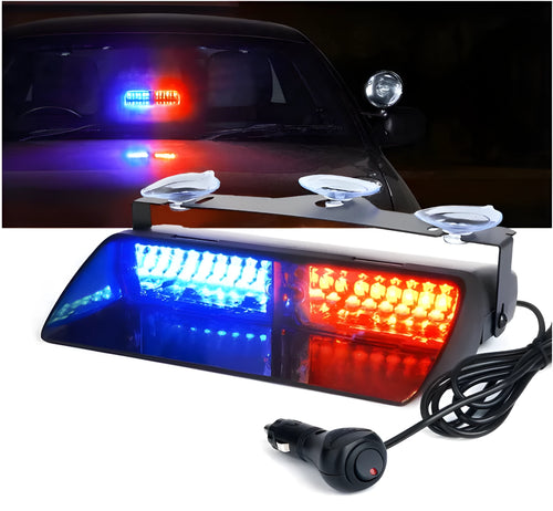 16 LED multi-colour strobe warning light with suction cup mount on car windscreen