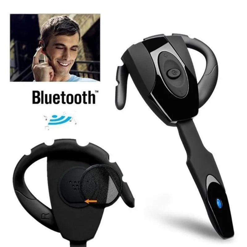 A single-ear Bluetooth headset in a choice of black, blue, red, silver, or white colours, showing a hanging ear design.