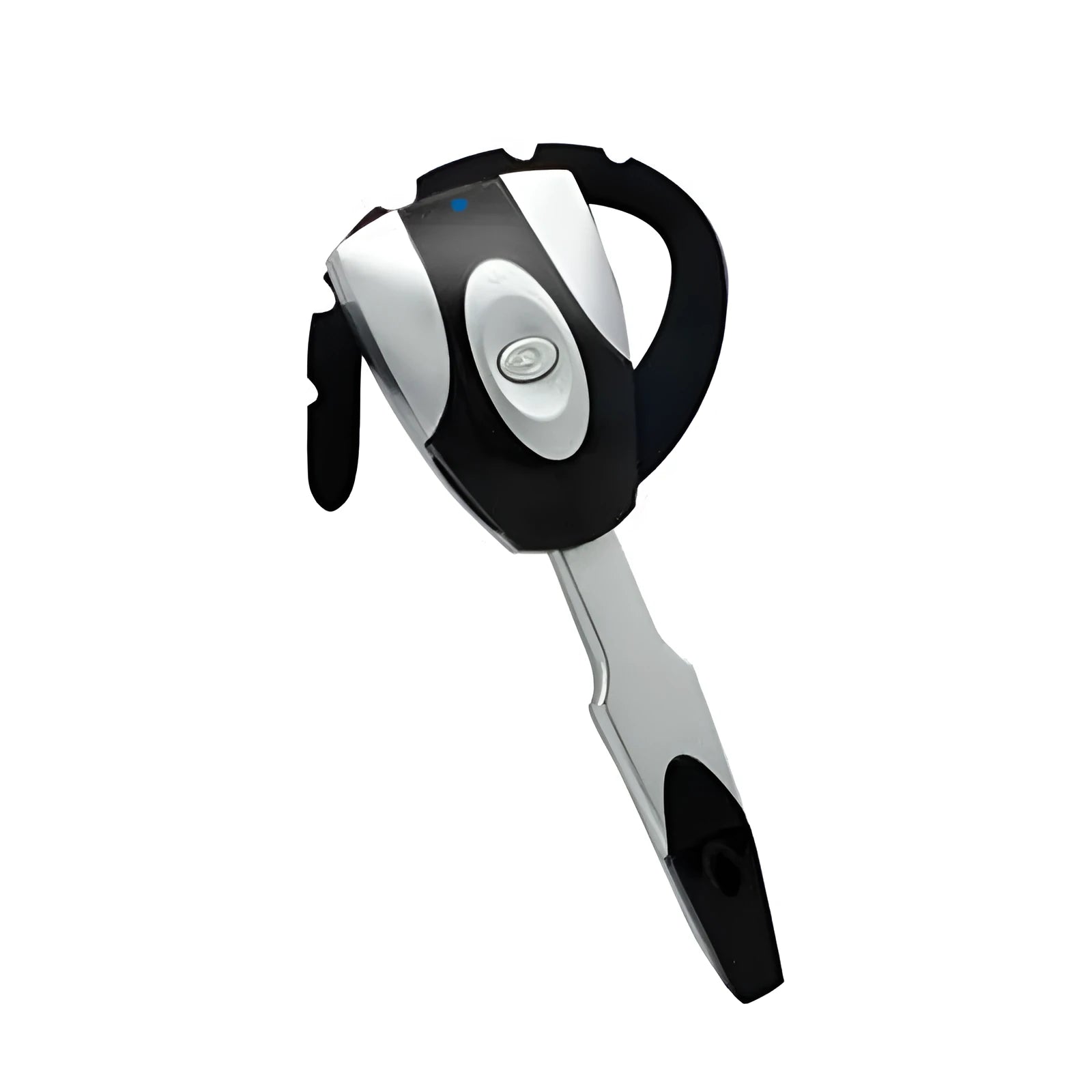 A single-ear Bluetooth headset in a choice of black, blue, red, silver, or white colours, showing a hanging ear design.