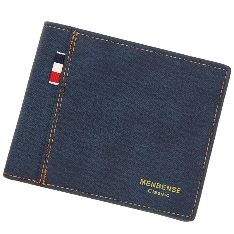 Men's genuine leather tri-fold wallet shown in black, navy blue, dark brown, and light brown colours