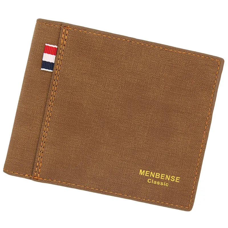 Men's genuine leather tri-fold wallet shown in black, navy blue, dark brown, and light brown colours