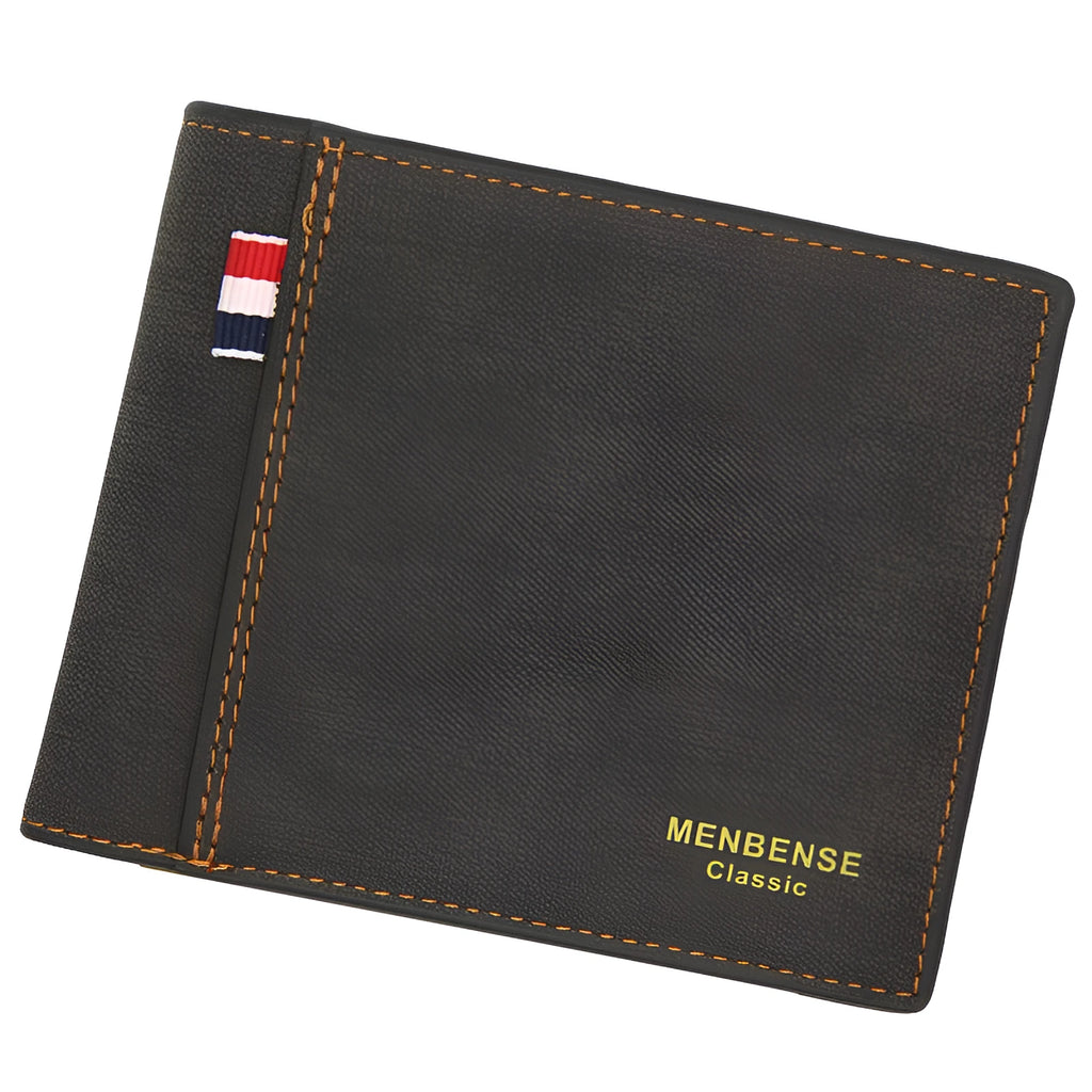 Men's genuine leather tri-fold wallet shown in black, navy blue, dark brown, and light brown colours