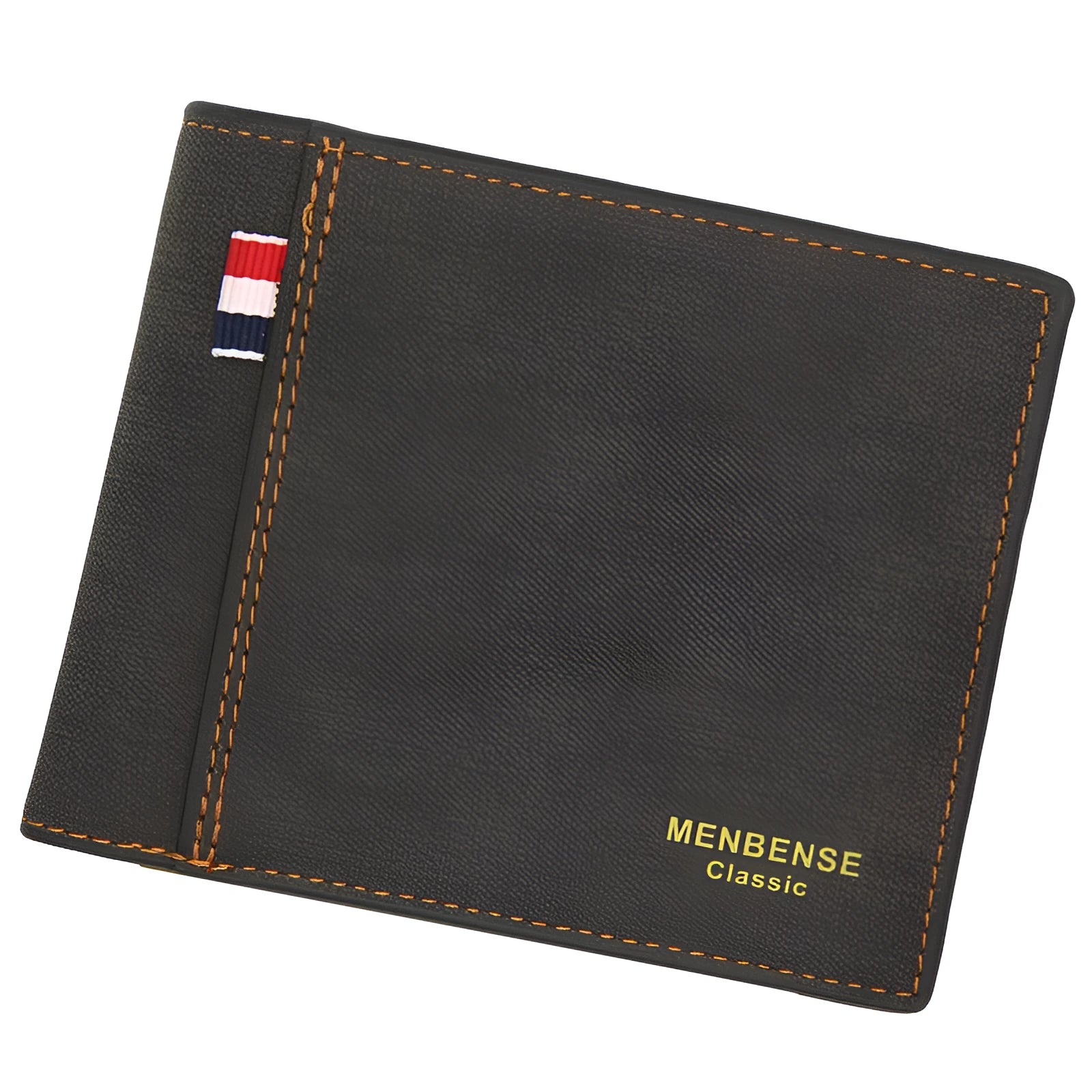 Men's genuine leather tri-fold wallet shown in black, navy blue, dark brown, and light brown colours