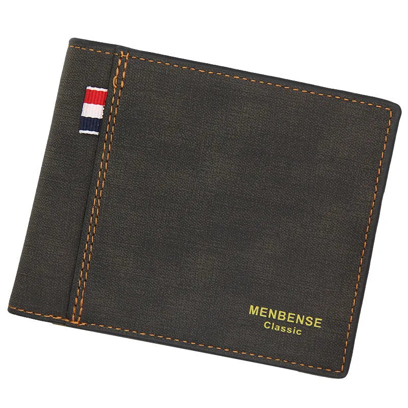 Men's genuine leather tri-fold wallet shown in black, navy blue, dark brown, and light brown colours