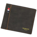 Men's genuine leather tri-fold wallet shown in black, navy blue, dark brown, and light brown colours