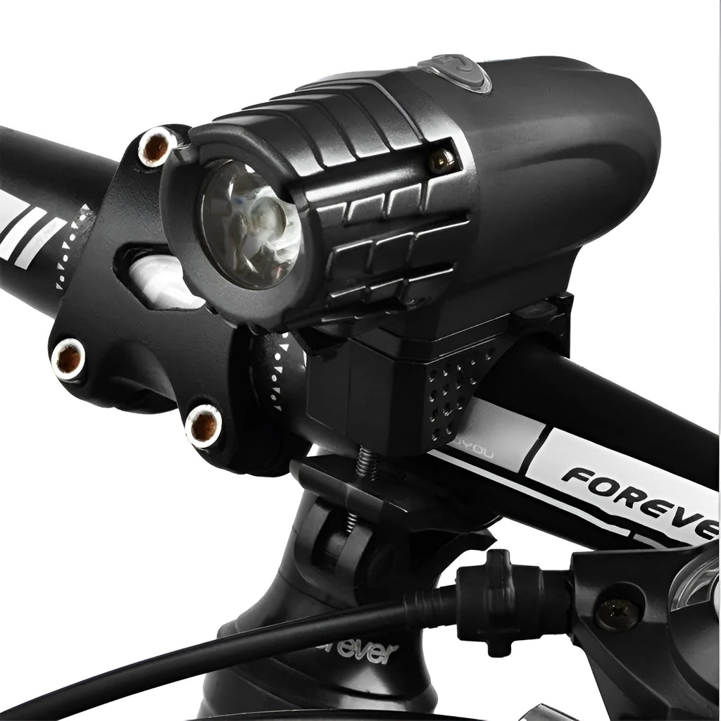 USB rechargeable bike headlight in black or white, rainproof plastic, 105x33x90mm, with optional taillight or bell
