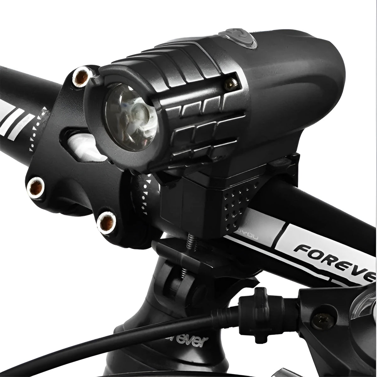 USB rechargeable bike headlight in black or white, rainproof plastic, 105x33x90mm, with optional taillight or bell