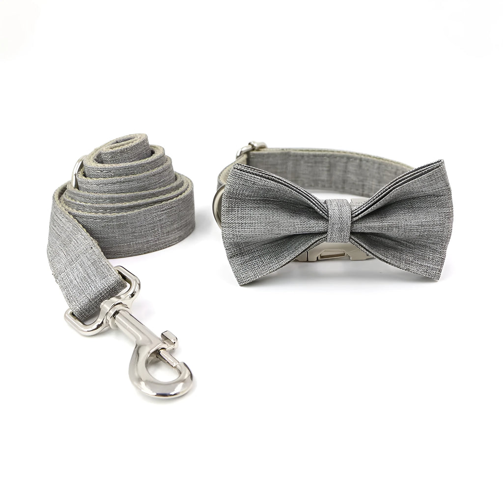 Polyester dog collar and leash set in gentleman gray with bow, five sizes XS to XL for outdoor walking