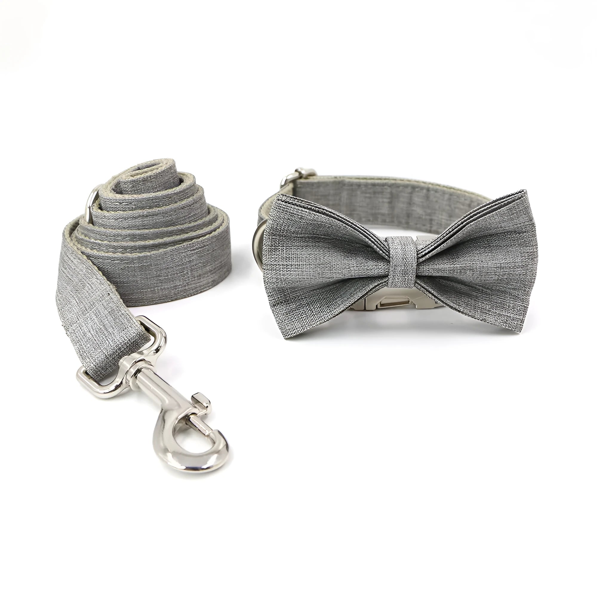 Polyester dog collar and leash set in gentleman gray with bow, five sizes XS to XL for outdoor walking