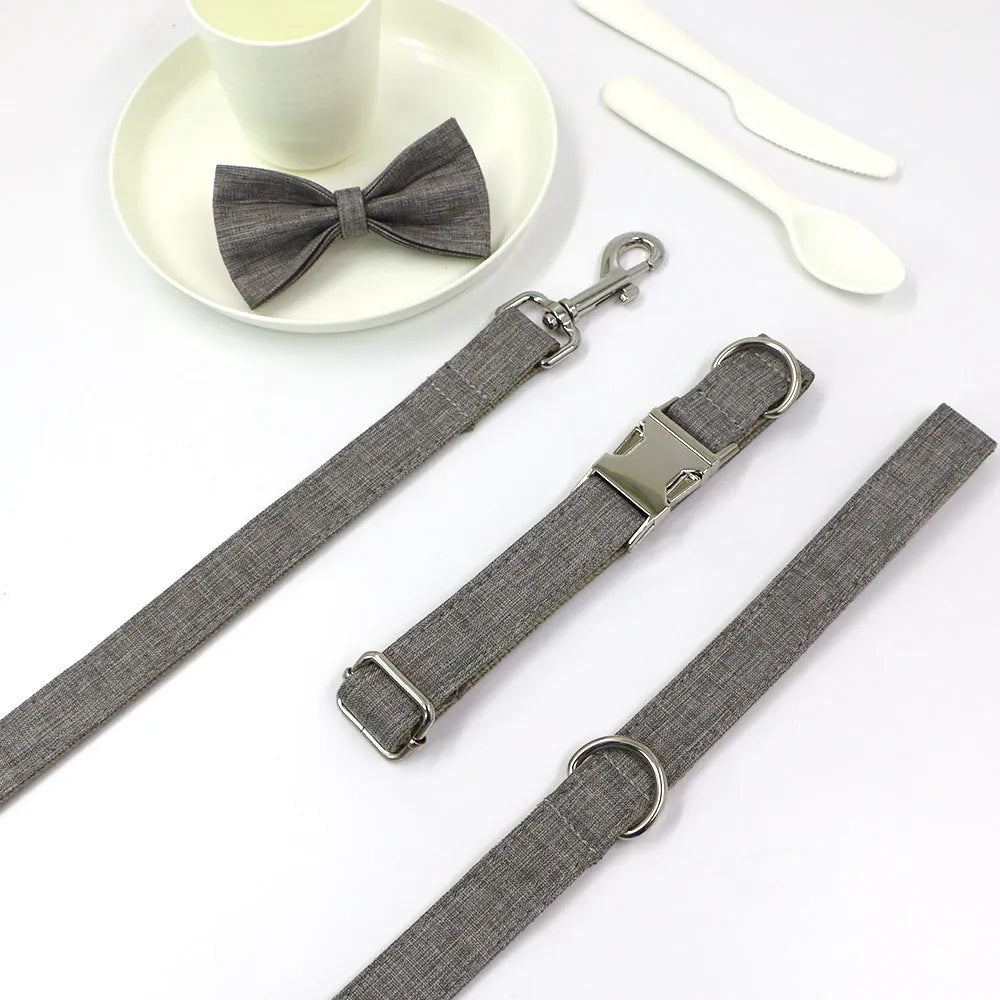 Polyester dog collar and leash set in gentleman gray with bow, five sizes XS to XL for outdoor walking