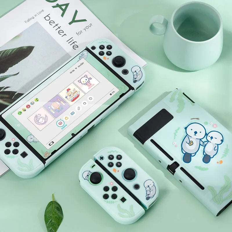 Nintendo Switch Lite hard PC protective shell case with silicone grip housing in sea otter design