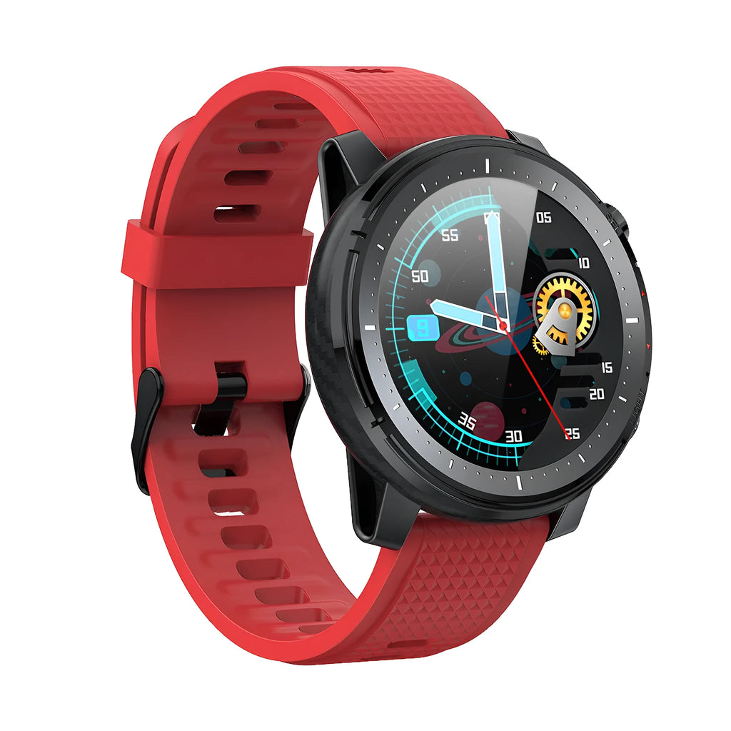 Black Android smart watch with round touch screen and silicone strap showing time display
