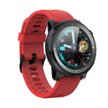 Black Android smart watch with round touch screen and silicone strap showing time display