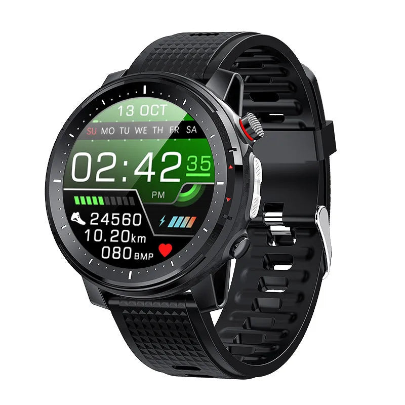 Black Android smart watch with round touch screen and silicone strap showing time display