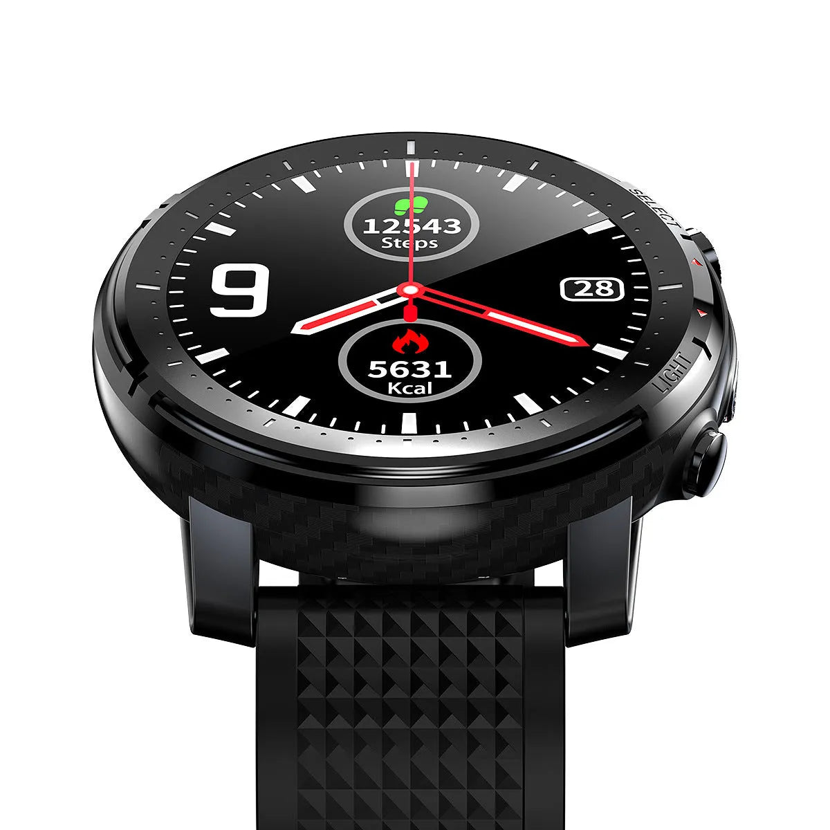 Black Android smart watch with round touch screen and silicone strap showing time display