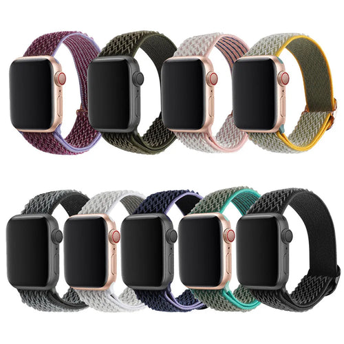 Braided nylon elastic Apple Watch strap in wave pattern, shown in Lilac colour on a wrist.