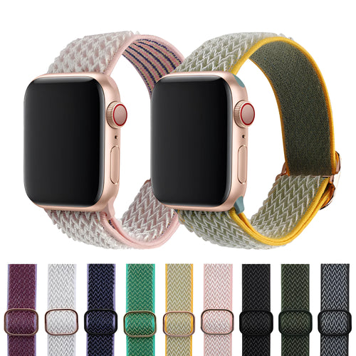 Braided nylon elastic Apple Watch strap in wave pattern, shown in Lilac colour on a wrist.