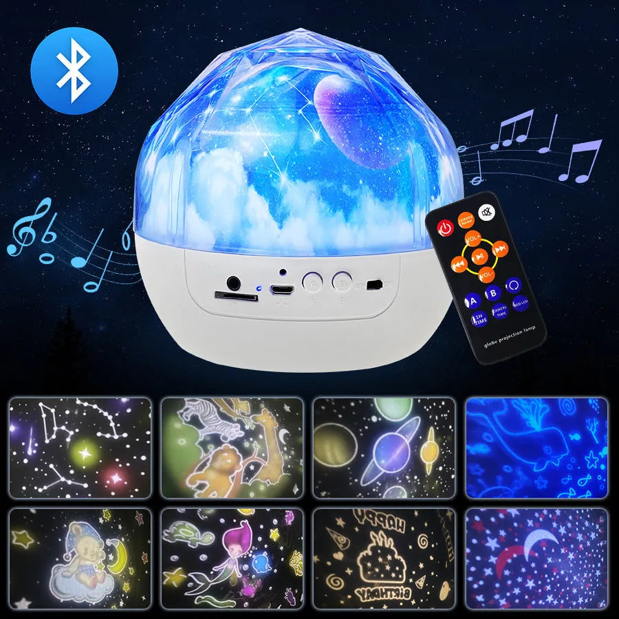 Cartoon-style starry sky projector lamp projecting galaxy patterns on a wall.