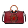 Retro genuine leather women's shoulder bag first layer cowhide embossed geometric pattern medium size zipper closure retro brown