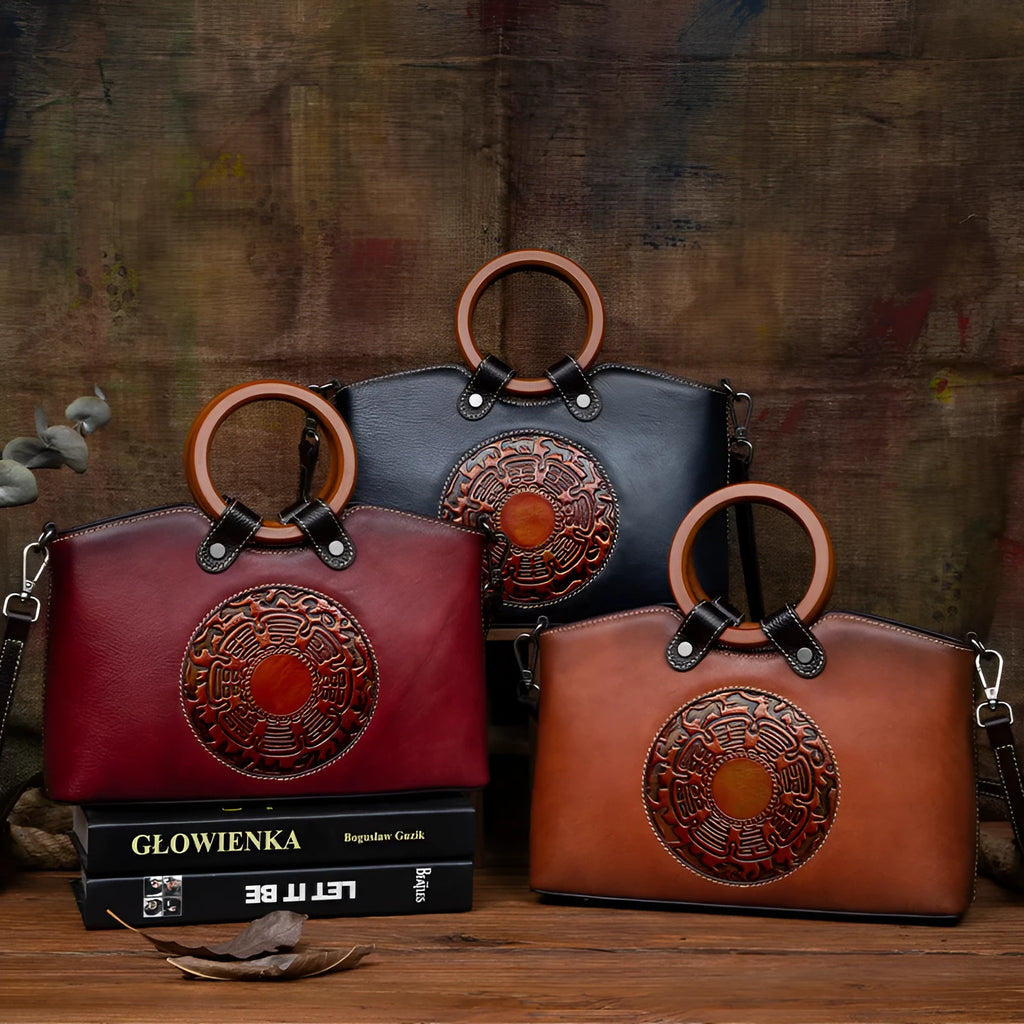 Retro genuine leather women's shoulder bag first layer cowhide embossed geometric pattern medium size zipper closure retro brown