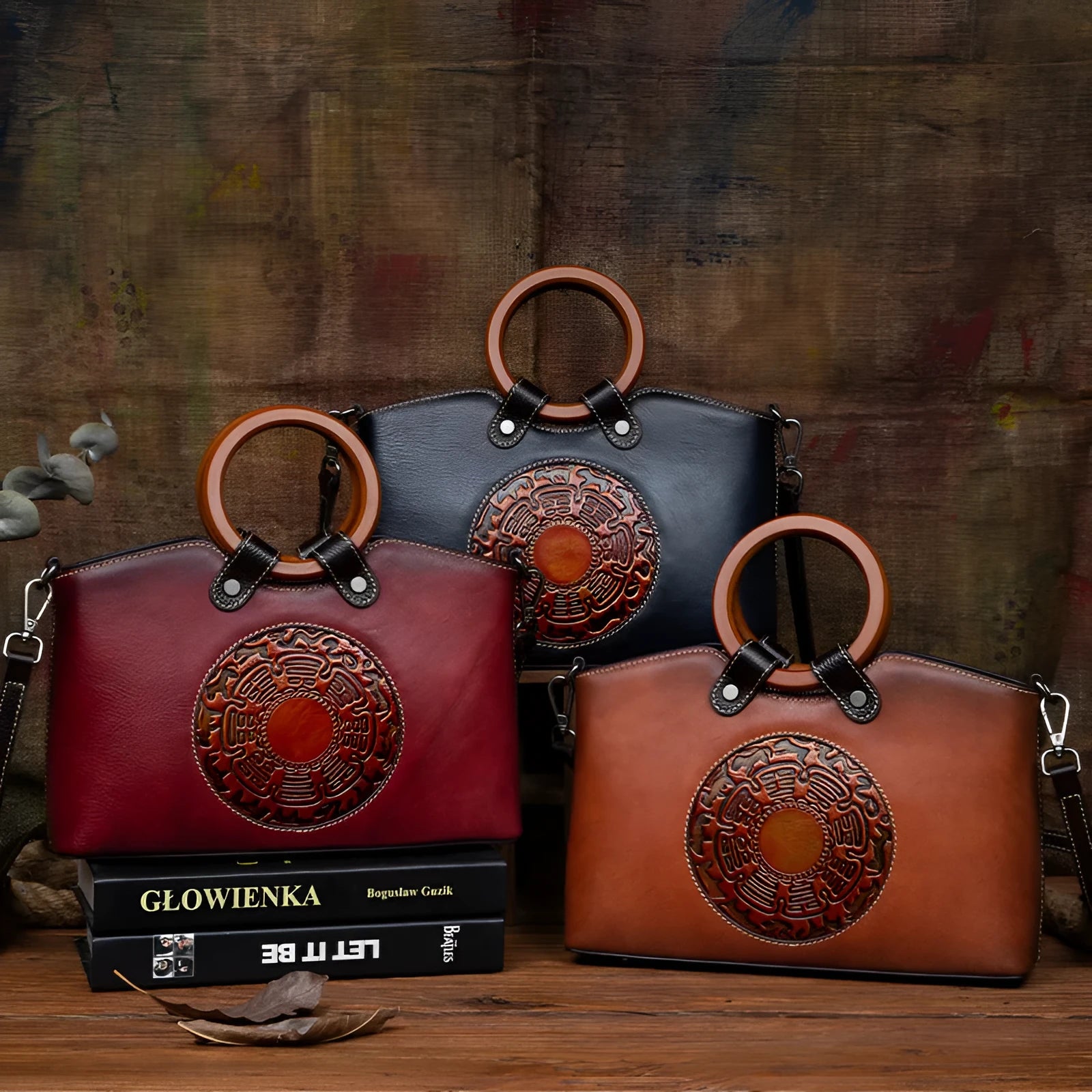 Retro genuine leather women's shoulder bag first layer cowhide embossed geometric pattern medium size zipper closure retro brown