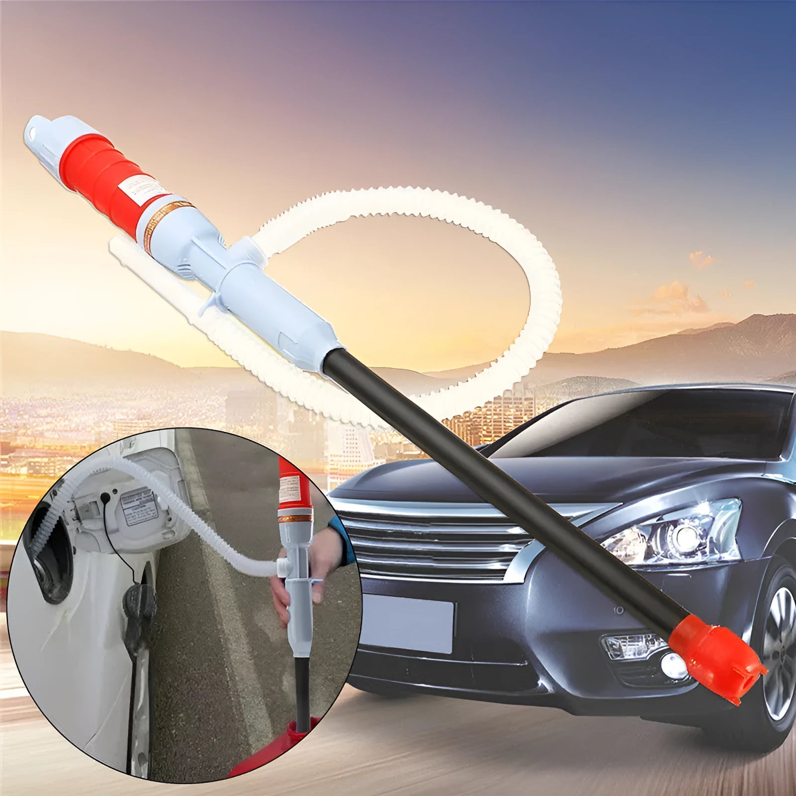 Blue manual hand pump for fuel transfer with suction tube