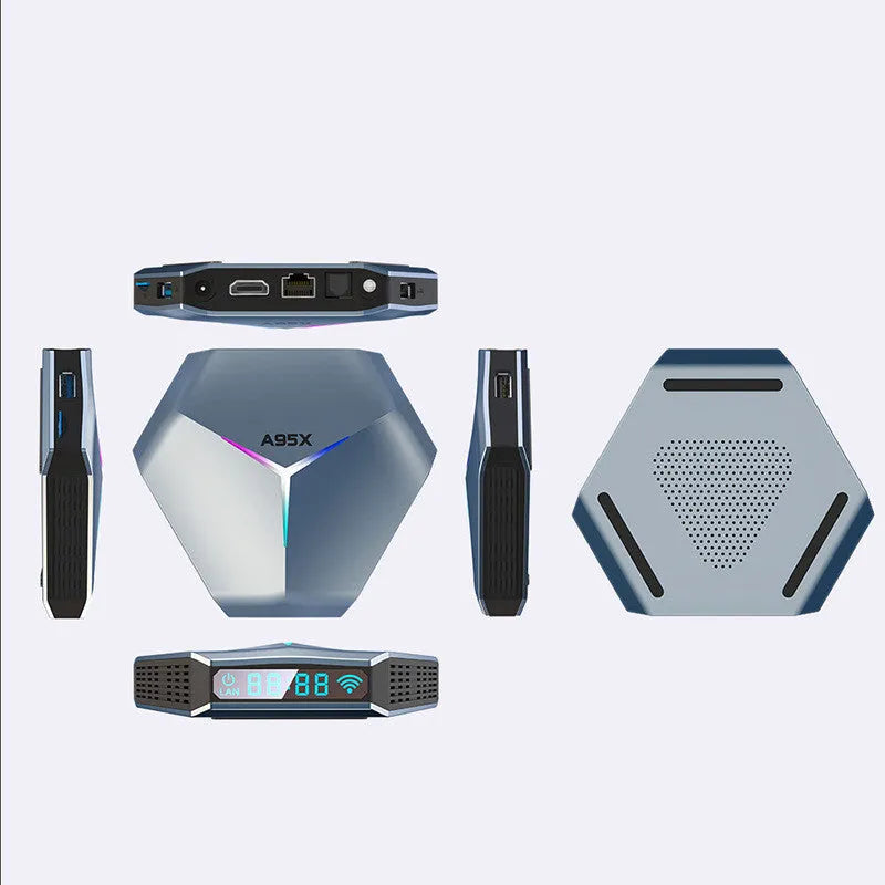 Android 8K TV set-top box with remote control, HD cable, and international power adapter.