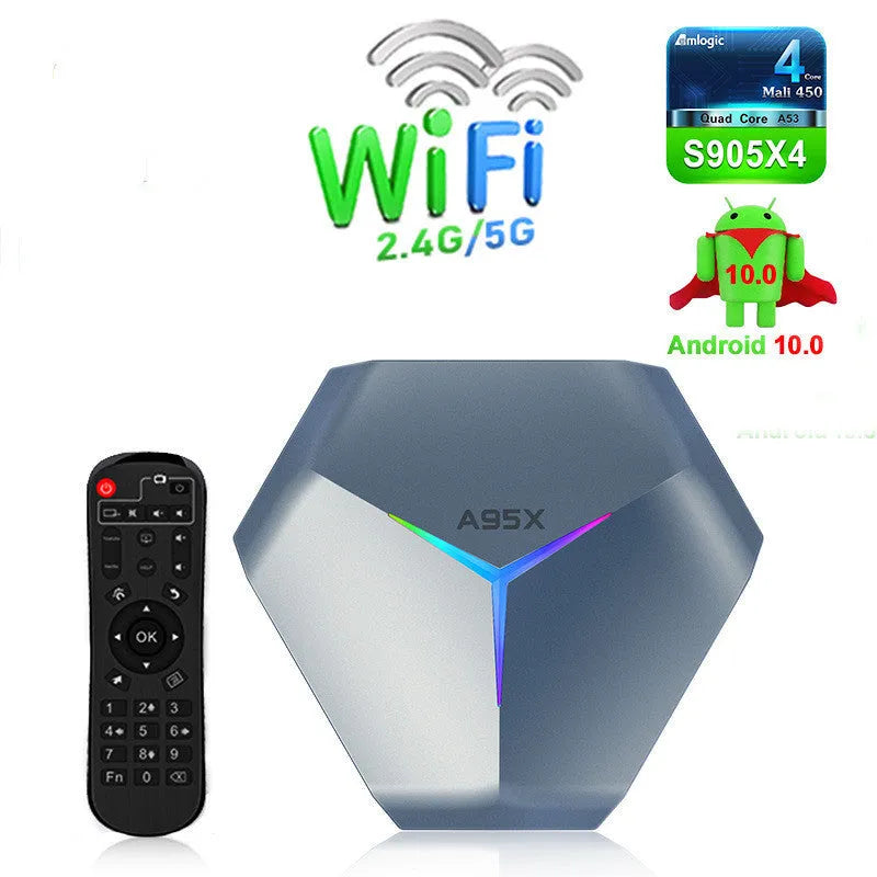 Android 8K TV set-top box with remote control, HD cable, and international power adapter.