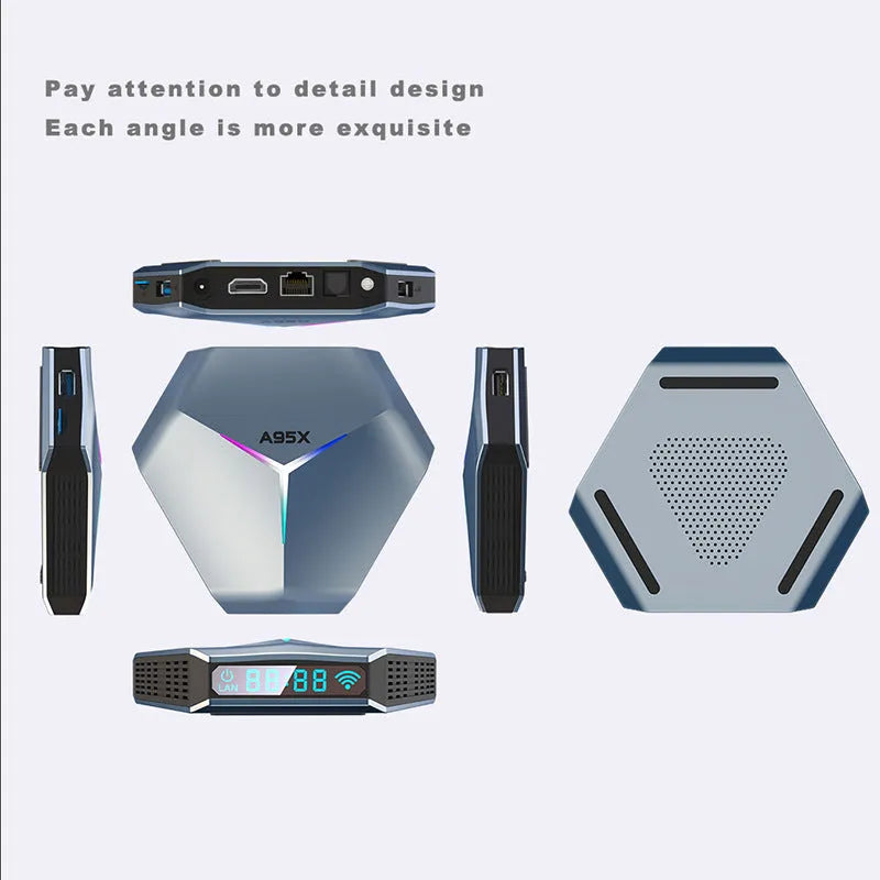 Android 8K TV set-top box with remote control, HD cable, and international power adapter.