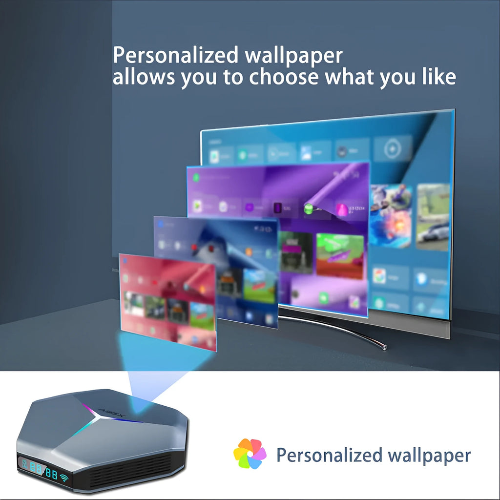 Android 8K TV set-top box with remote control, HD cable, and international power adapter.