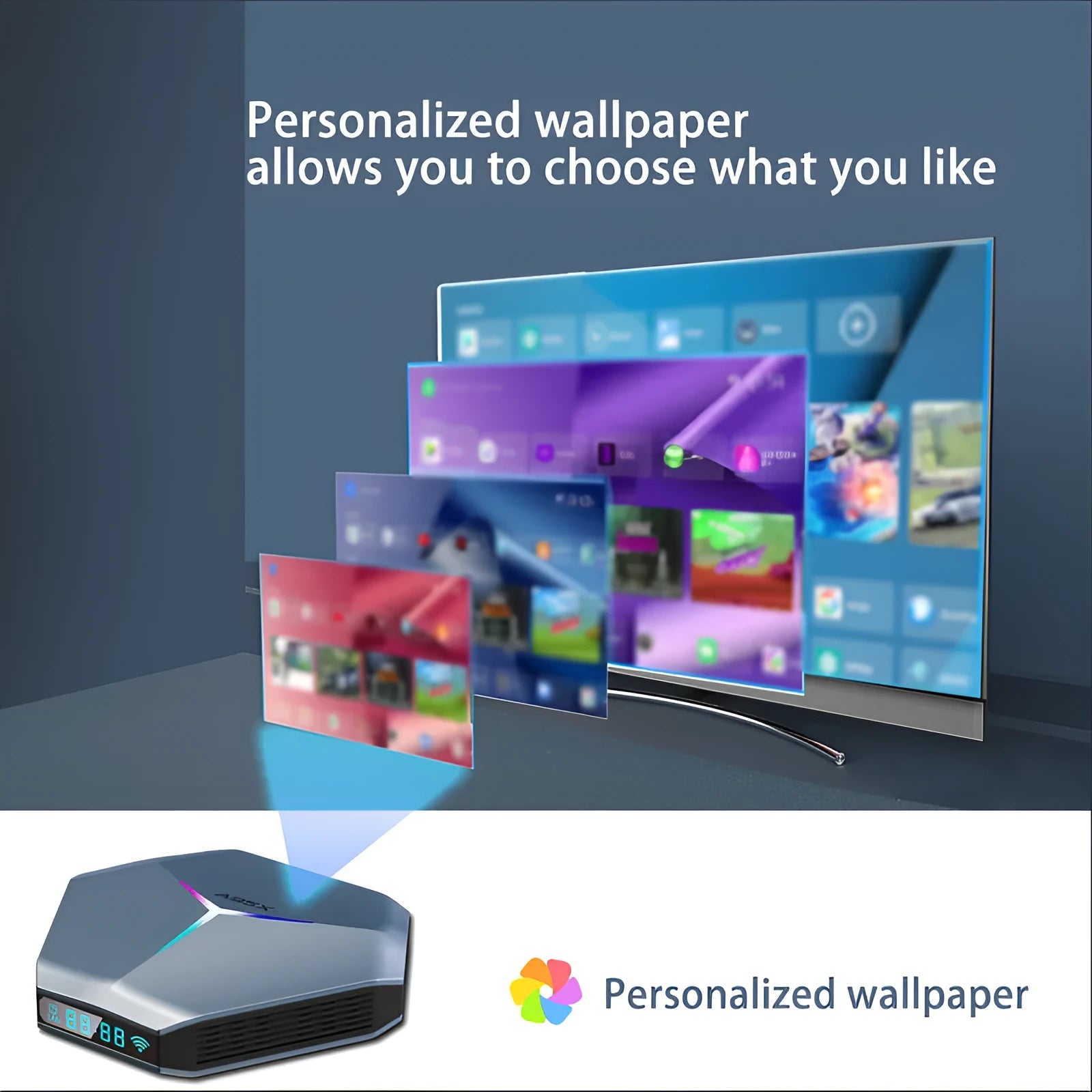 Android 8K TV set-top box with remote control, HD cable, and international power adapter.