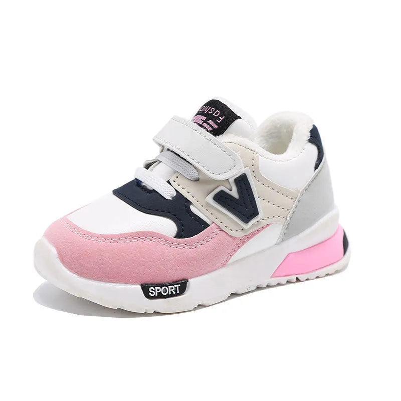 Girls summer mesh running shoes with TPR sole, grey colour, side view showing V-shaped design and breathable upper