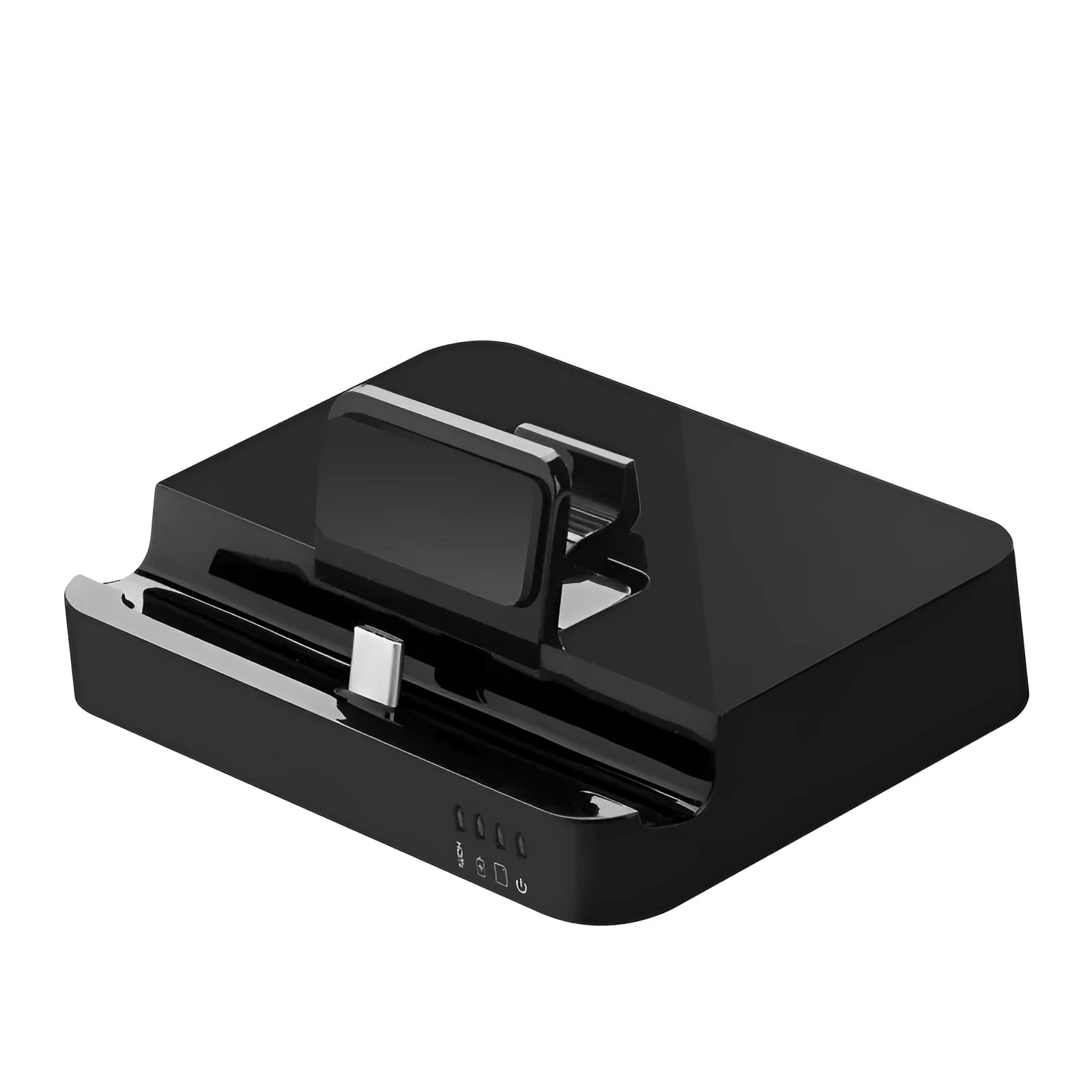 Black mobile phone to HDMI dock converter on a table next to a smartphone and HDMI cable.