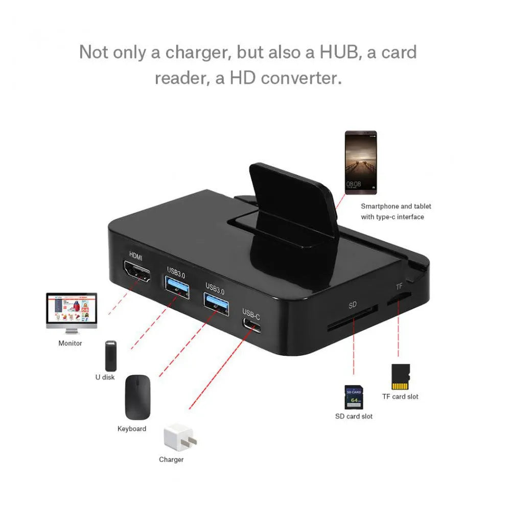Black mobile phone to HDMI dock converter on a table next to a smartphone and HDMI cable.