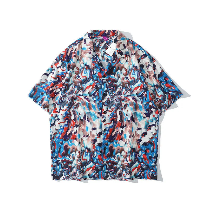 Fun printed short-sleeved shirt with cartoon pattern, loose fit, lapel collar, polyester, sizes M-XXL.