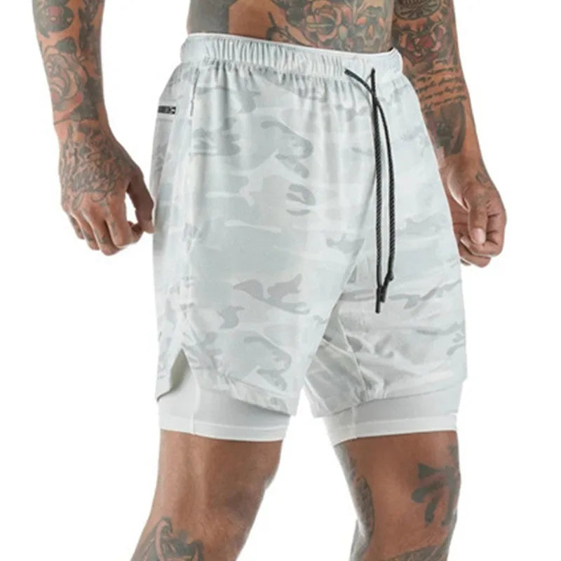 Men's double-layer mesh running shorts in green, five-point length, plus size, with built-in liner